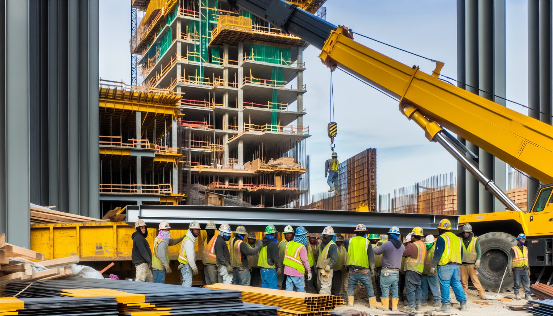 Construction site with workers and equipment