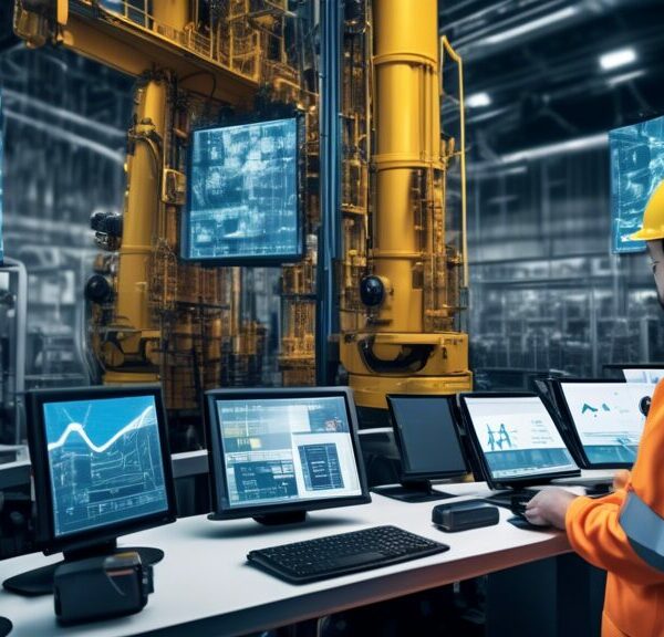 Create an image depicting the integration of AI technology in petroleum engineering. Show a scene with advanced robotic machinery operating an oil rig, while holographic screens display real-time data