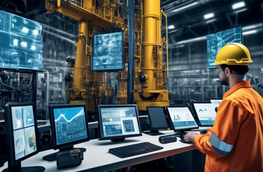 Create an image depicting the integration of AI technology in petroleum engineering. Show a scene with advanced robotic machinery operating an oil rig, while holographic screens display real-time data