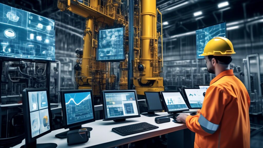 Create an image depicting the integration of AI technology in petroleum engineering. Show a scene with advanced robotic machinery operating an oil rig, while holographic screens display real-time data