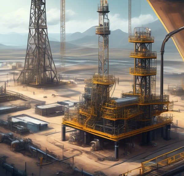 Create an image showing an advanced oil extraction site where cutting-edge AI technology is visibly integrated into the process. The scene should feature robotic machinery working alongside human engi