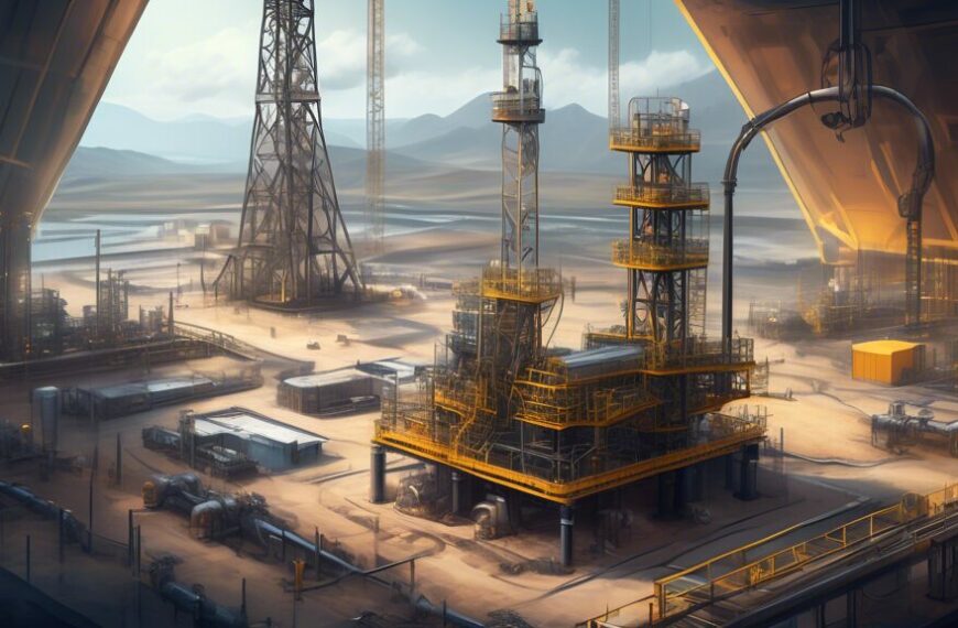 Create an image showing an advanced oil extraction site where cutting-edge AI technology is visibly integrated into the process. The scene should feature robotic machinery working alongside human engi