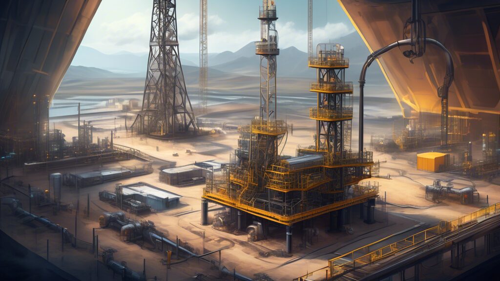 Create an image showing an advanced oil extraction site where cutting-edge AI technology is visibly integrated into the process. The scene should feature robotic machinery working alongside human engi