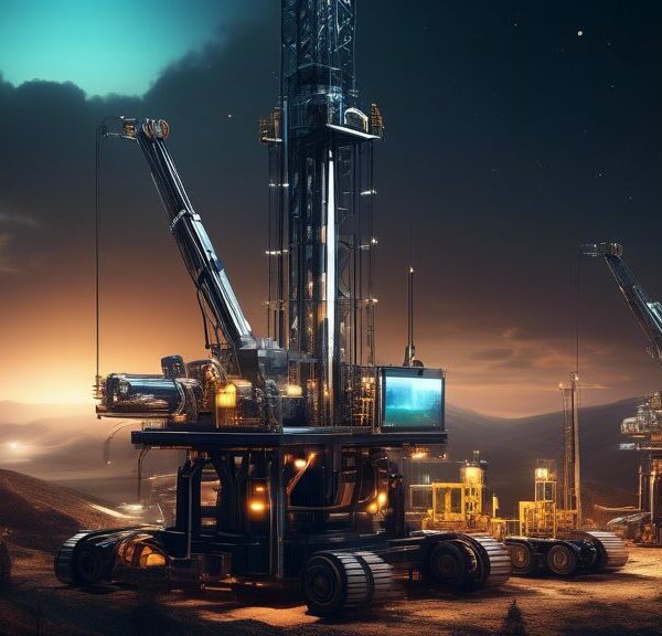 Create an image of a futuristic drilling rig operated by AI-powered robots. The scene features advanced machinery with glowing digital interfaces and intricate robotic arms working precisely to extrac