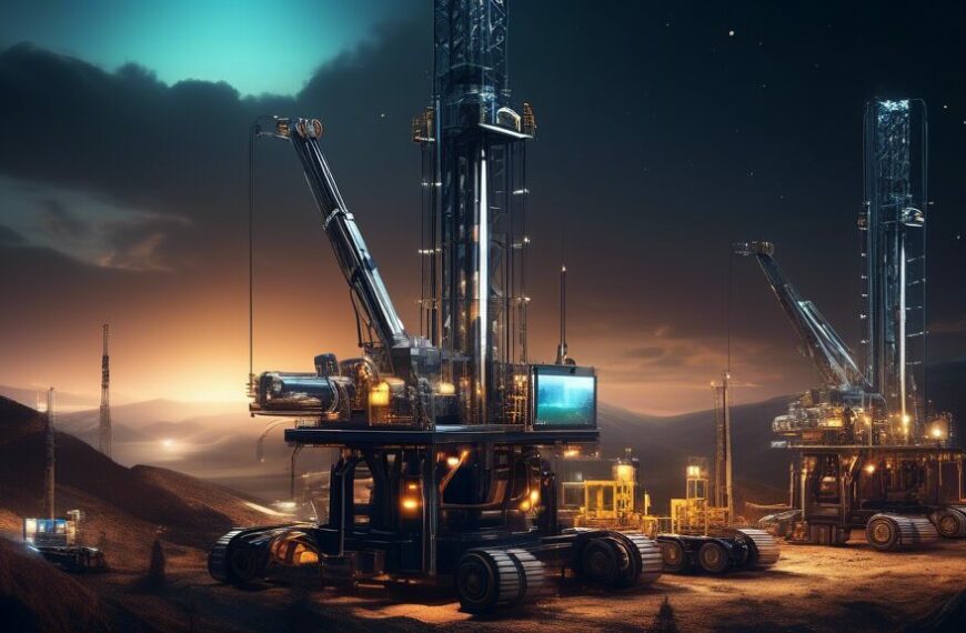 Create an image of a futuristic drilling rig operated by AI-powered robots. The scene features advanced machinery with glowing digital interfaces and intricate robotic arms working precisely to extrac