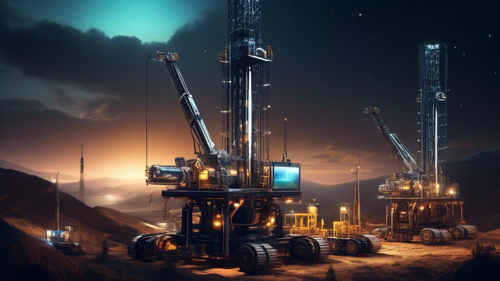 Create an image of a futuristic drilling rig operated by AI-powered robots. The scene features advanced machinery with glowing digital interfaces and intricate robotic arms working precisely to extrac