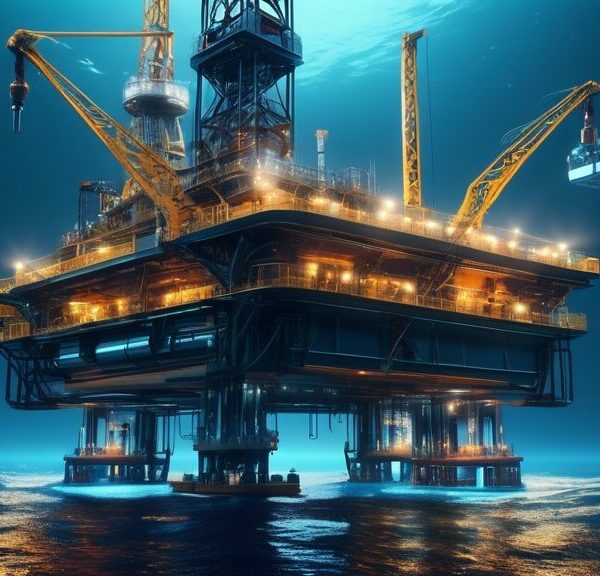 Create a futuristic scene of an oil rig in the middle of the ocean, with advanced AI-operated robots performing various tasks like drilling, maintenance, and monitoring operations. The robots should h