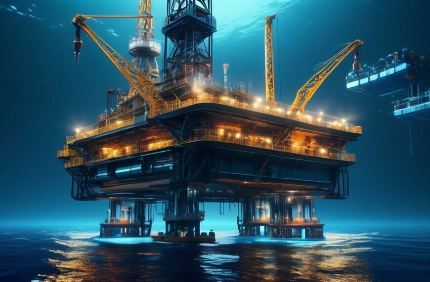 Create a futuristic scene of an oil rig in the middle of the ocean, with advanced AI-operated robots performing various tasks like drilling, maintenance, and monitoring operations. The robots should h