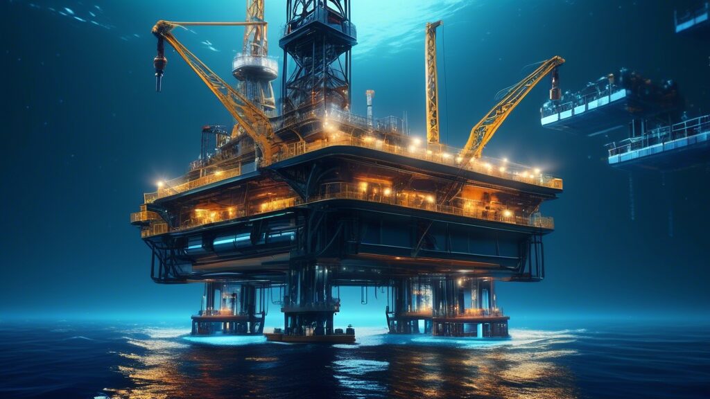 Create a futuristic scene of an oil rig in the middle of the ocean, with advanced AI-operated robots performing various tasks like drilling, maintenance, and monitoring operations. The robots should h