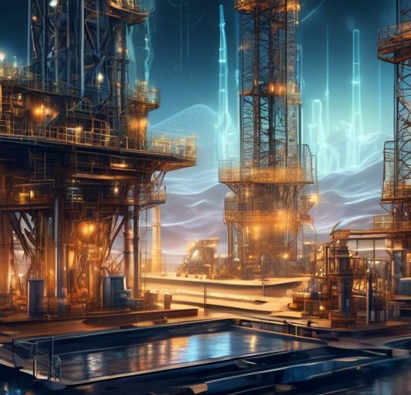 A detailed, futuristic illustration of an oil drilling site with advanced AI technology: Robotic machinery equipped with sensors and data analysis tools, holographic displays showcasing real-time data