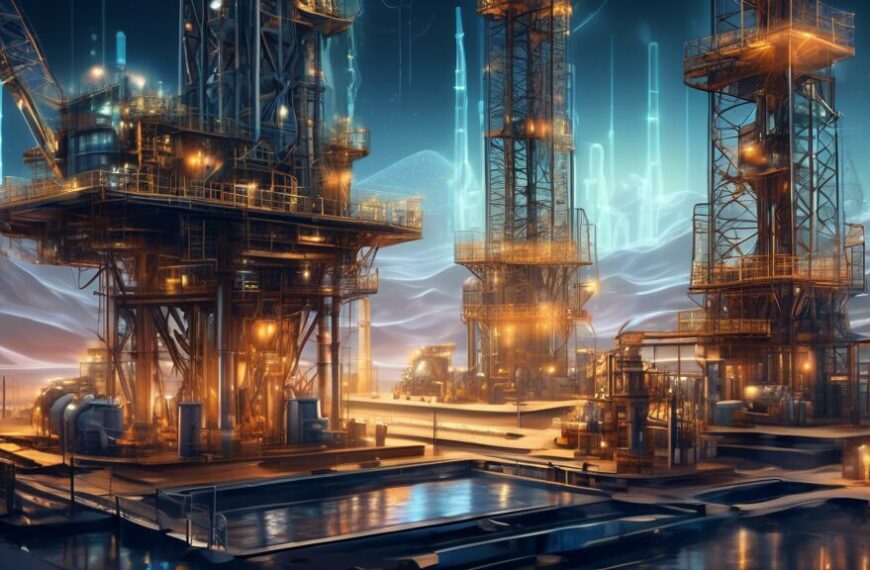 A detailed, futuristic illustration of an oil drilling site with advanced AI technology: Robotic machinery equipped with sensors and data analysis tools, holographic displays showcasing real-time data