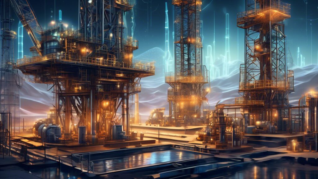 A detailed, futuristic illustration of an oil drilling site with advanced AI technology: Robotic machinery equipped with sensors and data analysis tools, holographic displays showcasing real-time data