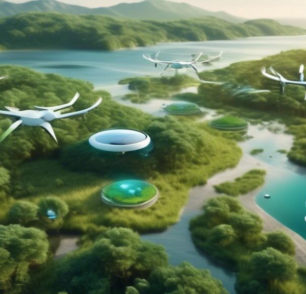 A high-tech landscape showing diverse ecosystems being monitored by AI-powered drones and sensors: lush forests, vast oceans, and sprawling fields. The AI devices are seamlessly integrated into nature