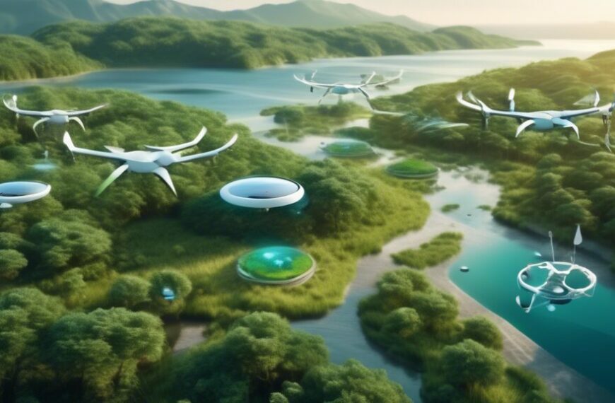 A high-tech landscape showing diverse ecosystems being monitored by AI-powered drones and sensors: lush forests, vast oceans, and sprawling fields. The AI devices are seamlessly integrated into nature