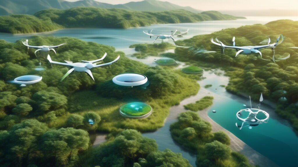 A high-tech landscape showing diverse ecosystems being monitored by AI-powered drones and sensors: lush forests, vast oceans, and sprawling fields. The AI devices are seamlessly integrated into nature