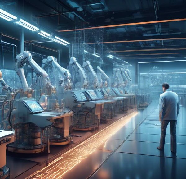 Create a detailed digital illustration of a futuristic factory setting. In the image, a sophisticated AI system is depicted analyzing data from various industrial machines. The AI system is represente