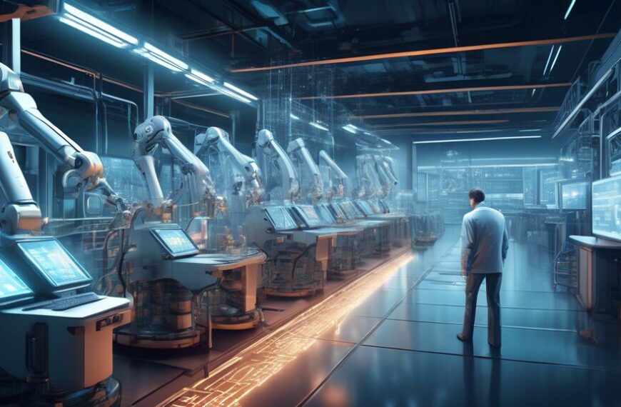 Create a detailed digital illustration of a futuristic factory setting. In the image, a sophisticated AI system is depicted analyzing data from various industrial machines. The AI system is represente