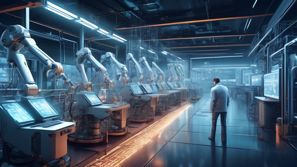 Create a detailed digital illustration of a futuristic factory setting. In the image, a sophisticated AI system is depicted analyzing data from various industrial machines. The AI system is represente