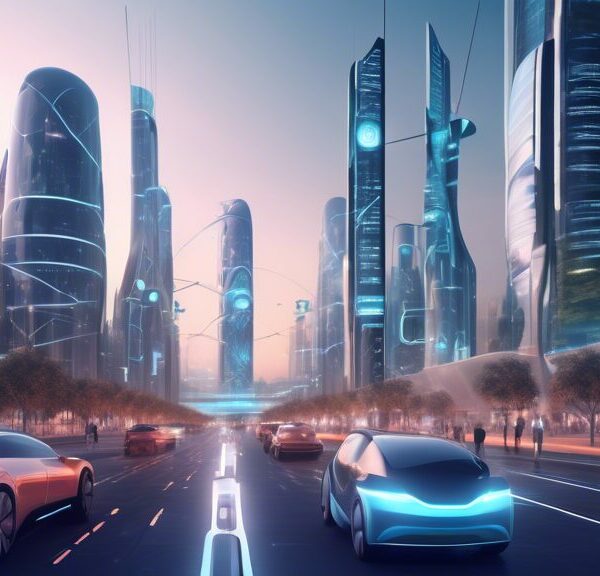 Create an image depicting a futuristic cityscape with smart infrastructure. Include elements like AI-powered traffic control systems, self-driving electric vehicles, smart streetlights, and buildings