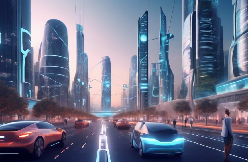 Create an image depicting a futuristic cityscape with smart infrastructure. Include elements like AI-powered traffic control systems, self-driving electric vehicles, smart streetlights, and buildings