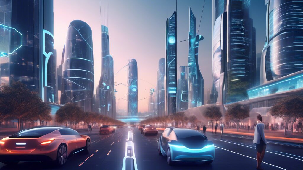 Create an image depicting a futuristic cityscape with smart infrastructure. Include elements like AI-powered traffic control systems, self-driving electric vehicles, smart streetlights, and buildings