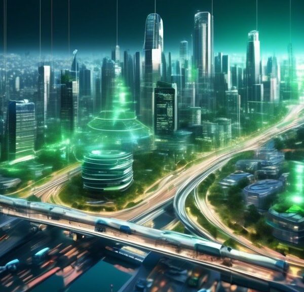 Create a detailed, futuristic cityscape showcasing the integration of AI technology in infrastructure development. Highlight advanced transport systems like autonomous vehicles, AI-controlled traffic