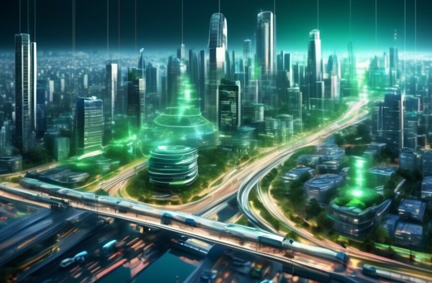 Create a detailed, futuristic cityscape showcasing the integration of AI technology in infrastructure development. Highlight advanced transport systems like autonomous vehicles, AI-controlled traffic