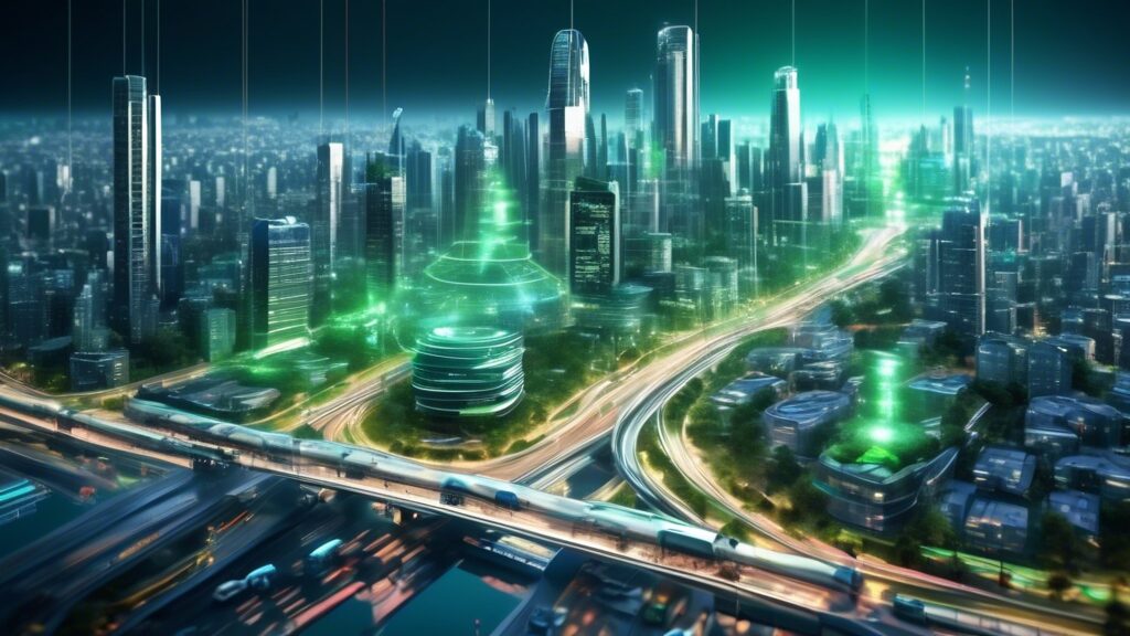 Create a detailed, futuristic cityscape showcasing the integration of AI technology in infrastructure development. Highlight advanced transport systems like autonomous vehicles, AI-controlled traffic