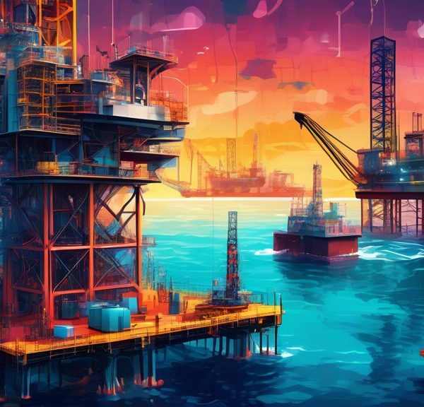 Create a high-tech scene of an offshore drilling platform at sea, showcasing advanced AI systems in action. Include robots performing maintenance, autonomous drones inspecting equipment, and data anal