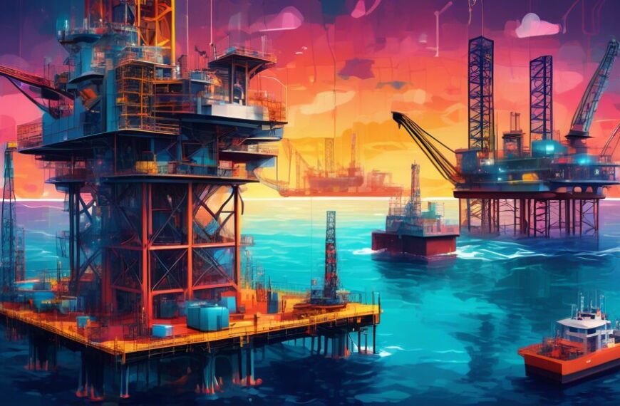 Create a high-tech scene of an offshore drilling platform at sea, showcasing advanced AI systems in action. Include robots performing maintenance, autonomous drones inspecting equipment, and data anal