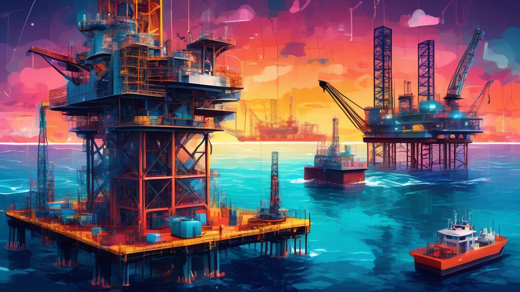 Create a high-tech scene of an offshore drilling platform at sea, showcasing advanced AI systems in action. Include robots performing maintenance, autonomous drones inspecting equipment, and data anal