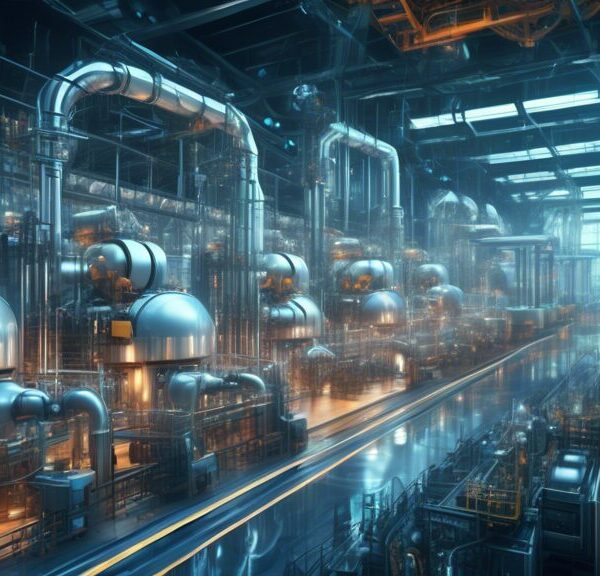 Create a high-tech, futuristic oil refinery scene where AI is visibly controlling and optimizing the refining processes. Show robotic arms working on machinery, holographic displays of data and analyt