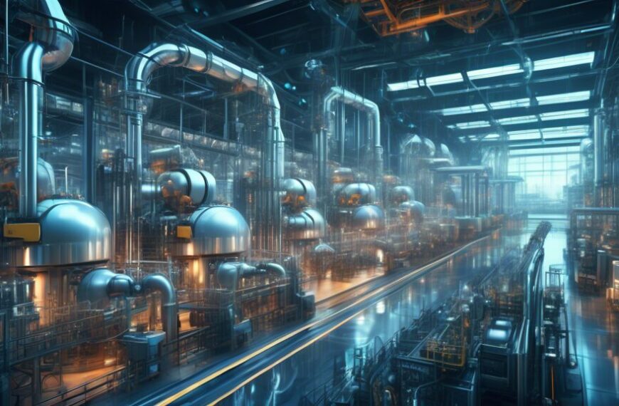 Create a high-tech, futuristic oil refinery scene where AI is visibly controlling and optimizing the refining processes. Show robotic arms working on machinery, holographic displays of data and analyt