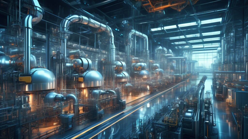 Create a high-tech, futuristic oil refinery scene where AI is visibly controlling and optimizing the refining processes. Show robotic arms working on machinery, holographic displays of data and analyt