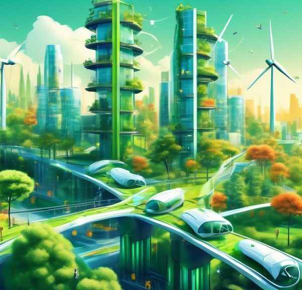 Design an image illustrating AI integrating with sustainable engineering: a futuristic cityscape powered by renewable energy, with AI robots managing green buildings, smart grids, and eco-friendly tra