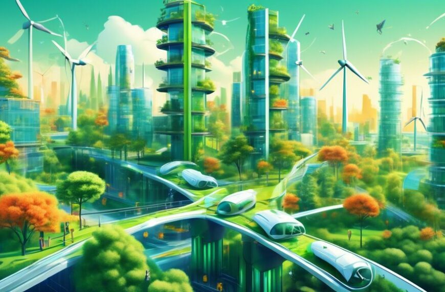 Design an image illustrating AI integrating with sustainable engineering: a futuristic cityscape powered by renewable energy, with AI robots managing green buildings, smart grids, and eco-friendly tra