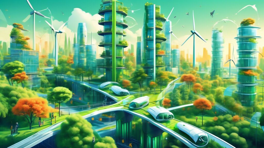 Design an image illustrating AI integrating with sustainable engineering: a futuristic cityscape powered by renewable energy, with AI robots managing green buildings, smart grids, and eco-friendly tra