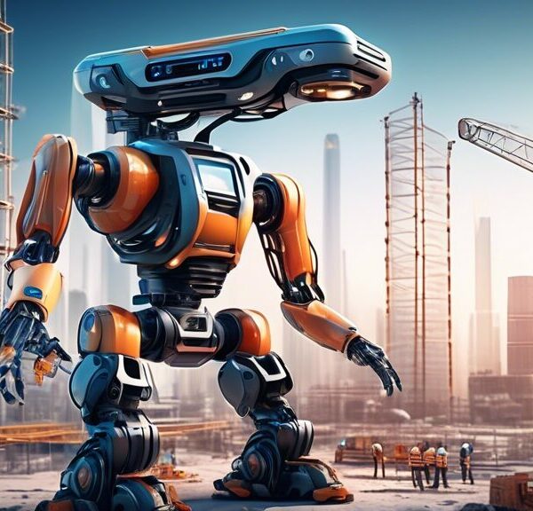 Create a futuristic construction site with advanced AI robots working seamlessly alongside human workers. Include drones surveying the area, exoskeletons assisting laborers, and autonomous machinery o