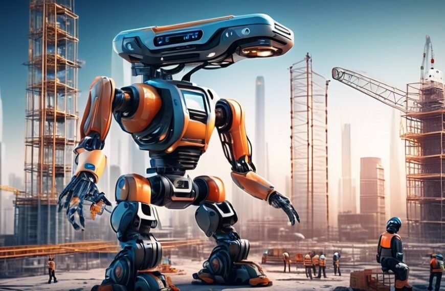 Create a futuristic construction site with advanced AI robots working seamlessly alongside human workers. Include drones surveying the area, exoskeletons assisting laborers, and autonomous machinery o