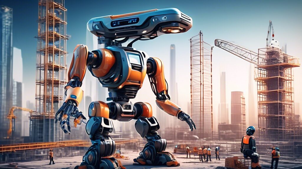 Create a futuristic construction site with advanced AI robots working seamlessly alongside human workers. Include drones surveying the area, exoskeletons assisting laborers, and autonomous machinery o