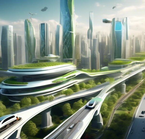 Create an image depicting futuristic urban development showcasing advanced civil engineering solutions. Include smart skyscrapers with eco-friendly designs, automated construction robots, solar panel