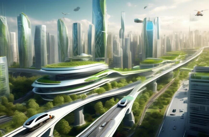 Create an image depicting futuristic urban development showcasing advanced civil engineering solutions. Include smart skyscrapers with eco-friendly designs, automated construction robots, solar panel