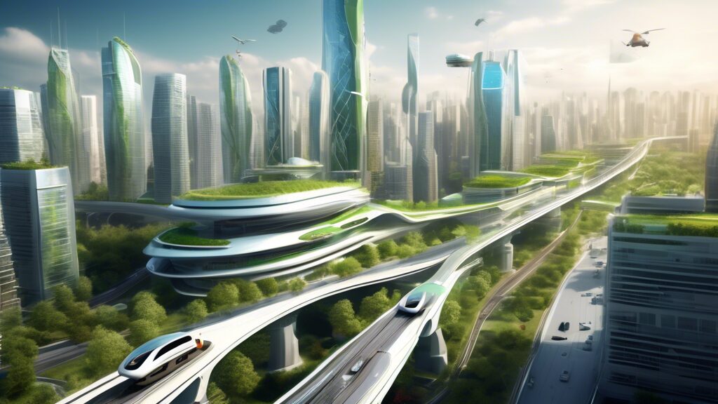 Create an image depicting futuristic urban development showcasing advanced civil engineering solutions. Include smart skyscrapers with eco-friendly designs, automated construction robots, solar panel