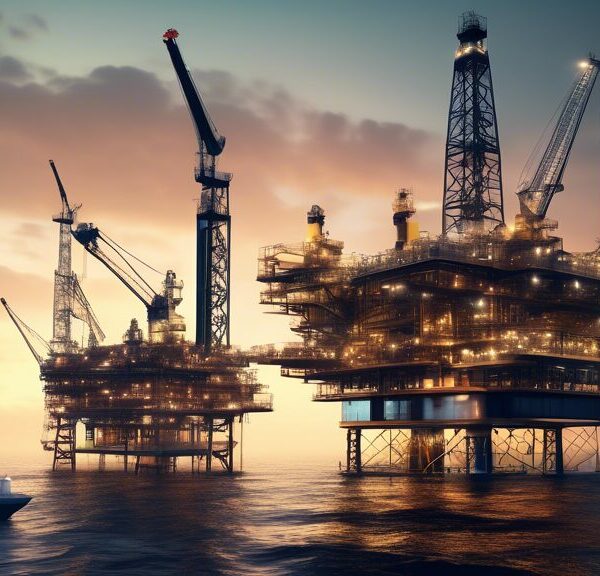 Create an image depicting the advancements in the development of oil and gas fields: a modern oil rig operating offshore with robotic machinery, alongside a state-of-the-art onshore drilling site powered by renewable energy sources. Include advanced monitoring technology like drones and AI-controlled systems enhancing efficiency and safety. Add a futuristic control center with engineers analyzing data on holographic screens, showcasing the integration of cutting-edge technology in the oil and gas industry.