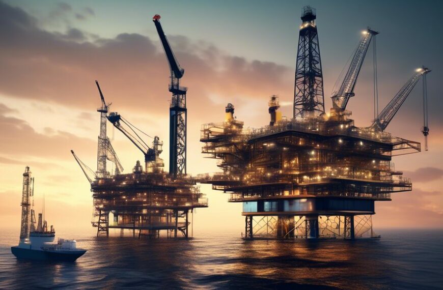 Create an image depicting the advancements in the development of oil and gas fields: a modern oil rig operating offshore with robotic machinery, alongside a state-of-the-art onshore drilling site powered by renewable energy sources. Include advanced monitoring technology like drones and AI-controlled systems enhancing efficiency and safety. Add a futuristic control center with engineers analyzing data on holographic screens, showcasing the integration of cutting-edge technology in the oil and gas industry.