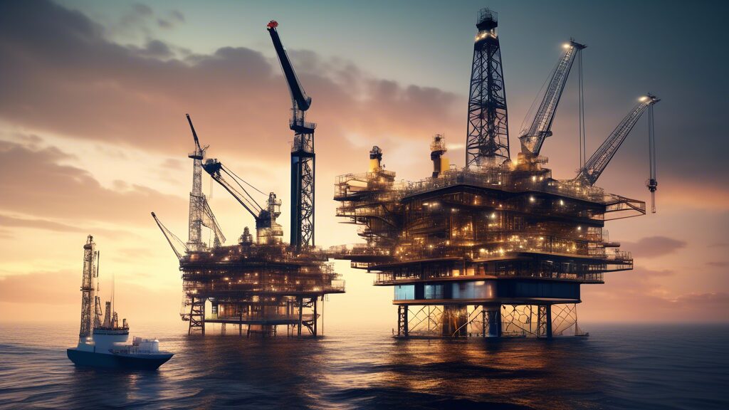 Create an image depicting the advancements in the development of oil and gas fields: a modern oil rig operating offshore with robotic machinery, alongside a state-of-the-art onshore drilling site powered by renewable energy sources. Include advanced monitoring technology like drones and AI-controlled systems enhancing efficiency and safety. Add a futuristic control center with engineers analyzing data on holographic screens, showcasing the integration of cutting-edge technology in the oil and gas industry.