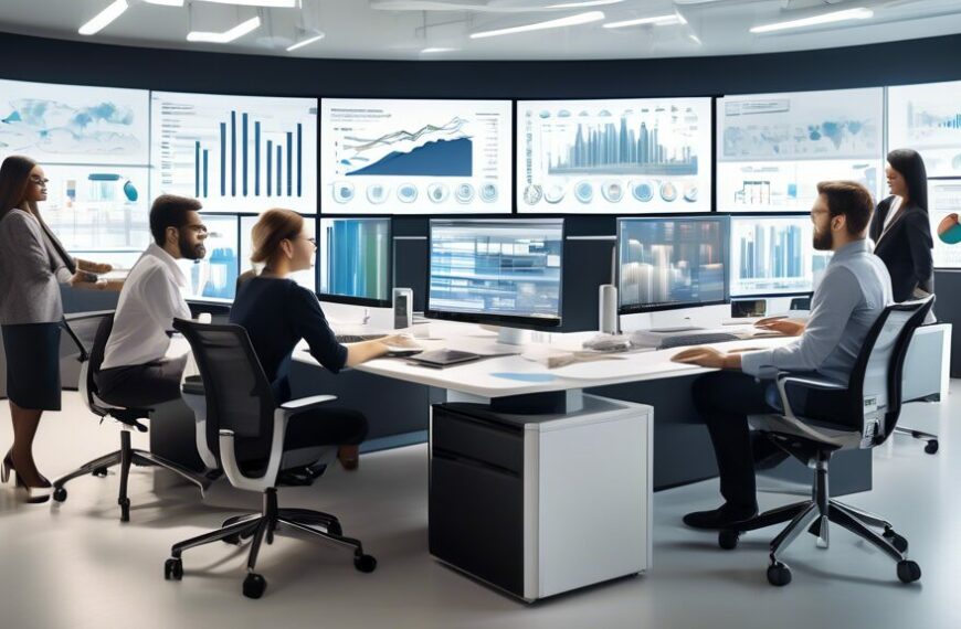 Create an image of a modern, high-tech office environment where a diverse team of professionals are collaboratively working on asset management tasks. The scene should include sleek computer screens d