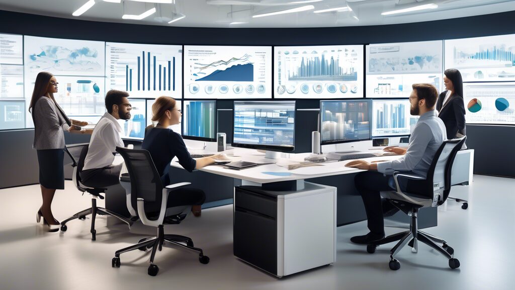 Create an image of a modern, high-tech office environment where a diverse team of professionals are collaboratively working on asset management tasks. The scene should include sleek computer screens d