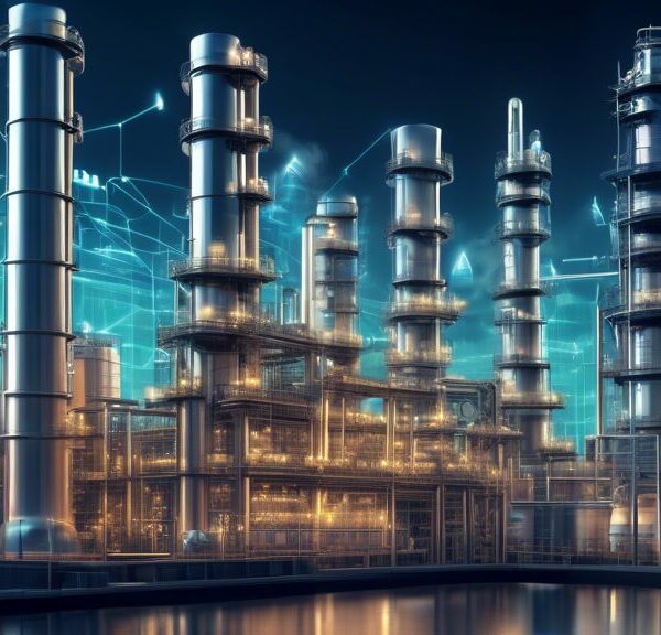 Create an image that visually represents asset management for oil assets. The picture shows a modern oil refinery with towering infrastructure interwoven with digital elements such as data charts, gra