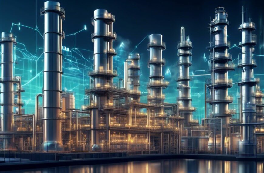 Create an image that visually represents asset management for oil assets. The picture shows a modern oil refinery with towering infrastructure interwoven with digital elements such as data charts, gra